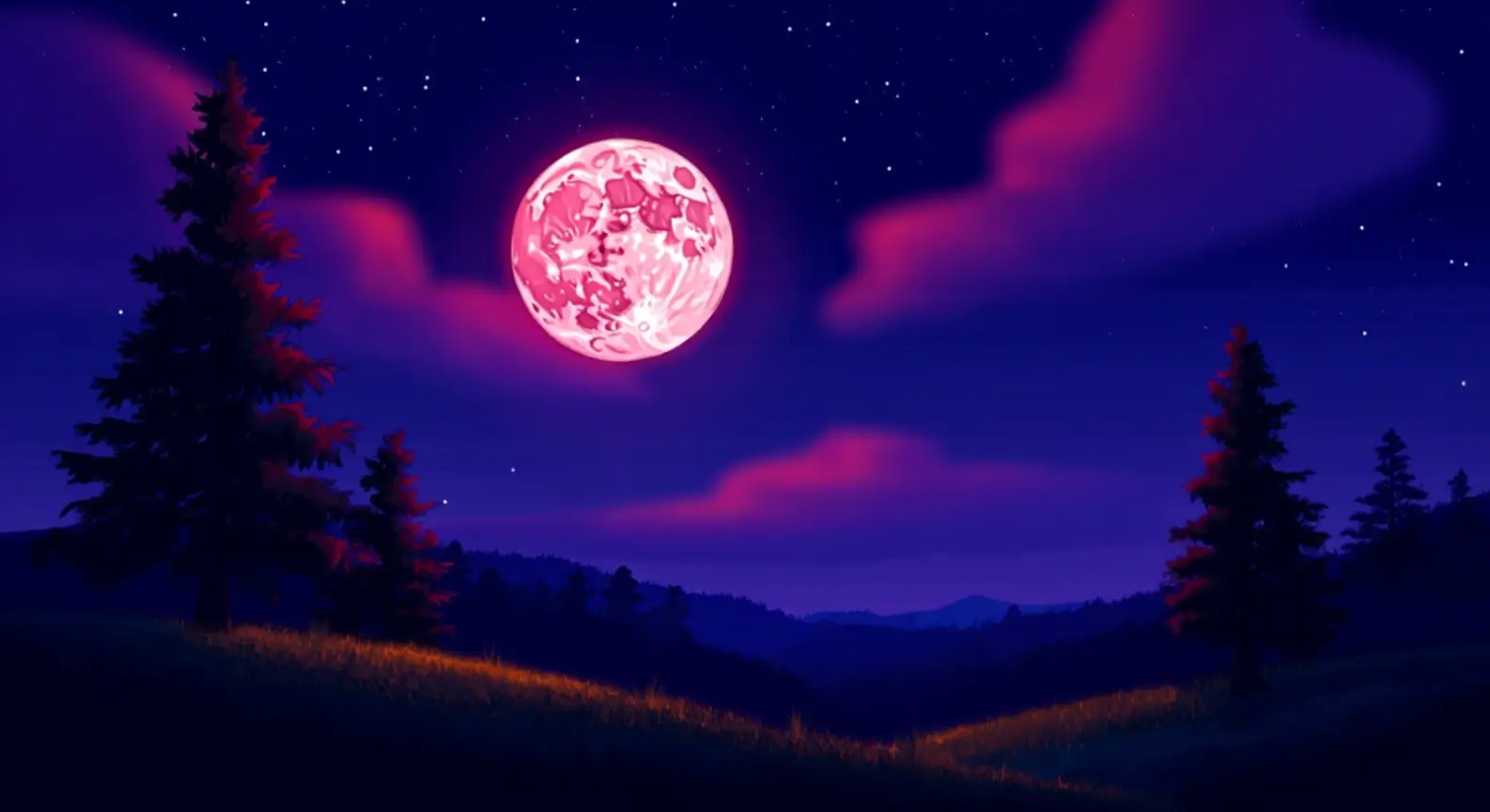 Photographie de la Super Pleine Lune des Fraises 2025 avec sa teinte orangée, très basse dans le ciel nocturne.